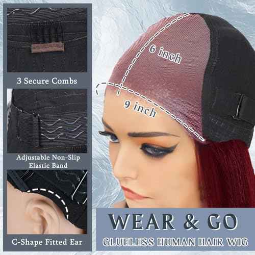 LuAiJa 9x6 Wine Red Body Wave Glueless Wigs Human Hair Dark Burgundy Wear and Go Glueless Wig 99J HD Lace Front Human Hair WIg 28 Inch Red Wigs Pre Everything 200% Density for Women