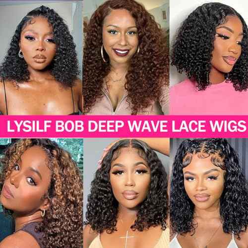 Bob Wig Human Hair 13x6 Deep Wave HD Lace Front Wigs Human Hair 250% Density Bob Curly Lace Frontal Wigs Brazilian Virgin Human Hair Wigs Pre Plucked with Baby Hair (Natural Color,8Inch)