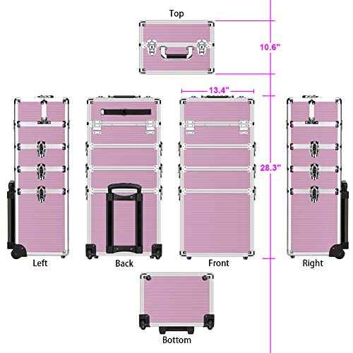 OUDMAY Makeup Train Case 4 in 1 Professional Cosmetics Rolling Organizer Aluminum Frame and Folding Trays Pink