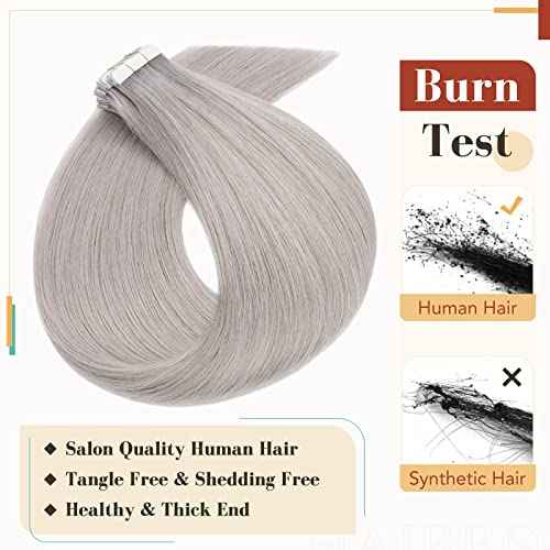 Hairro Tape In Hair Extensions Human Hair Remy Tape On Extensions Adhesive Skin Weft Tape In Hair Natural Glue in Hairpieces Full Head Grey Remy Tape Extensions 18 inch 50g 20pcs #GREY