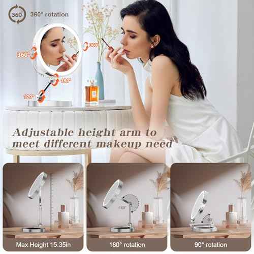 9" Large Lighted Makeup Mirror with 1X/10X Magnification, 4000mAh Rechargeable Vanity Mirror with Height Adjustable & 3 Color Dimmable Lights, 360¡ÆSwivel Double Sided Tabletop Cosmetic Mirror