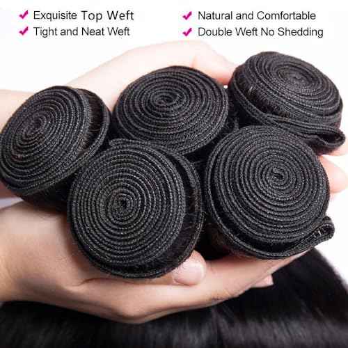 10A Brazilian Straight Human Hair 3 Bundles with Closure 14 16 18+12 Inch 100% Unprocessed Straight Virgin Hair Weave Bundles Human Hair with 4x4 HD Lace Closure