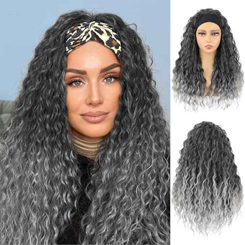Headband Wig Deep Wave 20 Inch Gray for Black Women - Machine Made None Lace Front Synthetic Glueless Deep Curly Half Wig (T1B/Gray)