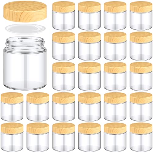 Norme 24 Pcs 4 oz Glass Jars with Lids Empty Small Glass Containers and Inner Liners Reusable Cosmetic Jars Round Airtight Bottles with Plastic Woodgrain Lids for Travel