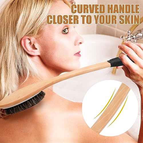 OWIIZI Horsehair Bath Brush Wooden Curved Long Handle Antiskid Shower Brush for Exfoliating, Natural Mane Scrubber for Back Use Wet or Dry,Back Scrub Deep Cleanse-17.2inches
