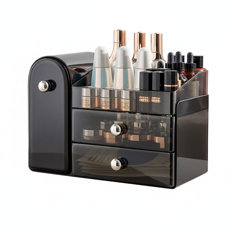 Bird&Fish Makeup Organizer with Sliding Brush Holder, Clear Skincare Organizer with Drawers, Bathroom Countertop Organizer, Sturdy Cosmetic Storage Case for Vanity, Dresser (Black)