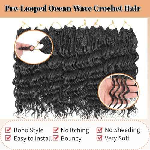 18 Inch Ocean Wave Crochet Hair 8 Packs - Synthetic Pre-Looped Deep Wavy Curly Braiding Hair for Black Women, Boho Style Hair Extensions (18inch,1B - 8 Packs)
