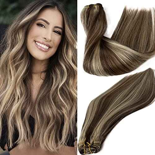 Sew in Weft Hair Extensions Blonde Highlight Human Hair Hand Tied Weft Hair Extensions 20 Inch 100Grams #4/613 Brown Balayage Blonde Double Weft Full Ends Sew in Bundles Hand Tied Weft Hair Extensions