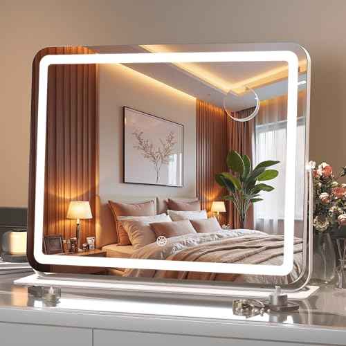 MINISO Vanity Mirror with Lights, 20" x 16" LED Makeup Mirror, Light & Brightness Adjustment, Smart Sensor, 360¡ÆRotation, Aluminum Alloy Metal White Frame, with 10X Magnifying Glass