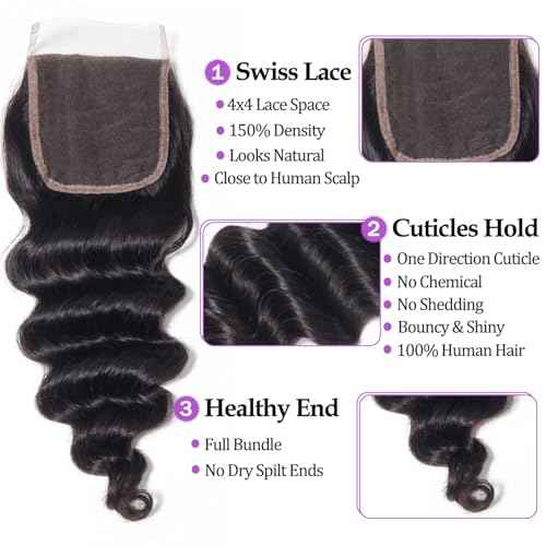 10A Loose Deep Wave Bundles with Closure Human Hair (12 14 16+12), 100% Unprocessed Raw Human Hair Weave with Closure, Brazilian Virgin Loose Curly Bundle Deals Natural Black Color