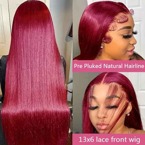 Burgundy Wig Human Hair 30inch 13x6 HD Transparent Lace Straight 99J Red Human Hair Wig Colored Reddish Brown Lace Frontal Wigs 180% Density Pre Plucked