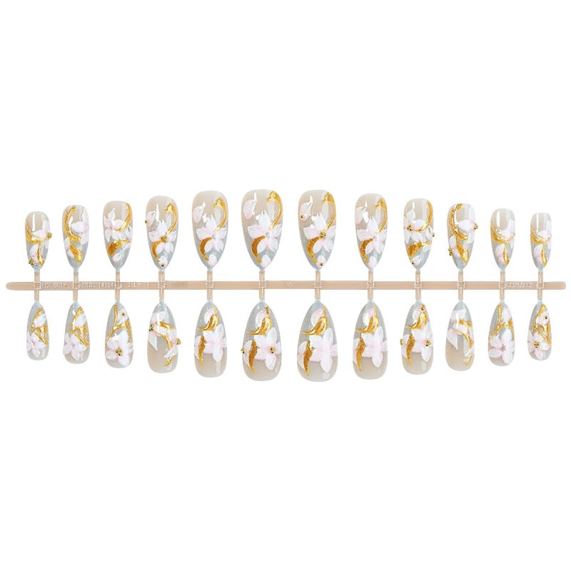 Flower Press On Nails - 24 Pcs Medium Almond 3D Floral Design with Gold Lines | Full Cover French Tip