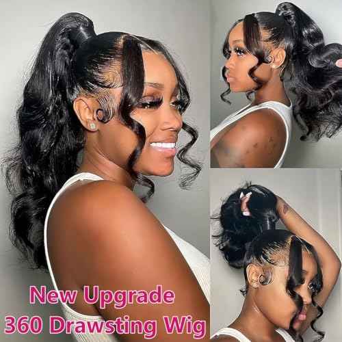 Body Wave 360 Lace Front Wigs Human Hair Pre Plucked Hidden Strap 22Inch 220% Density Drawstring Wig 360 HD Full Lace Human Hair Glueless Wigs for Black Women