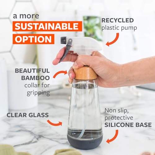 Full Circle Bottle Service-Refillable Glass Spray Bottle-Versatile Stream & Mist Options,Bamboo with Protective Silicone Boot-Ideal for Non-Toxic Cleaning Solutions & Plant Care,16oz,Gray,2 Pack