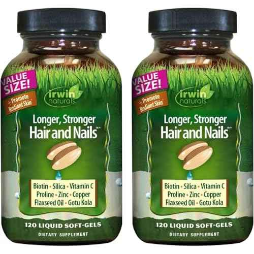 Irwin Naturals Longer, Stronger Hair and Nails - 120 Liquid Softgels, 2 Pack - Promotes Vibrant Shine Texture & Strength - 120 Total Servings