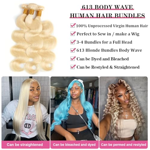 613 Bundles Human Hair 24 inch Blonde Body Wave Human Hair Bundles 100% Unprocessed 12A Virgin Hair Weave Extensions