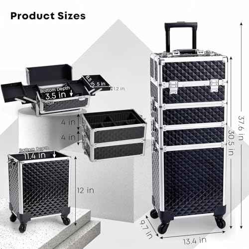 Adazzo 4 in 1 Rolling Makeup Case Cosmetic Train Case Trolley Roll Travel Box for Makeup Artist, Hairstylists, Nail Tech Makeup Cart with Key Swivel Wheels Barber Case Traveling Trunk Black