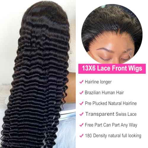 13x6 Deep Wave Lace Front Wigs Lace Frontal Wigs Human Hair for Women Glueless Curly Lace Front Wig Curly Wig Pre Plucked with Baby Hair 180 Density Natural Color 30 Inch