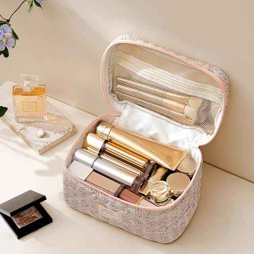 HBselect Quilted Makeup Bag, Cotton Large Travel Makeup Bag, Cute Streaks Floral Coquette Cosmetic Bags Toiletry Bags for Women Girls