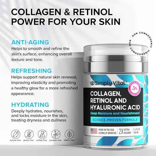 SimplyVital Collagen, Retinol & Hyaluronic Acid Cream - Anti-Aging Retinol Cream for Face, Neck & D?collet? - Made in USA - Daily Moisturizer Face Cream - 3.38 fl oz