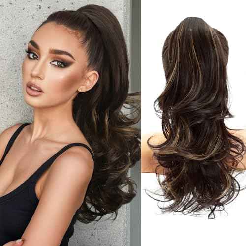 NAYOO Claw Clip Ponytail Extension Brown 18" Long Wavy Ponytail Clip in Hair Extensions for Women Curly Natural Layered Pony Tails for Short Thin Hair Synthetic Hairpiece(Dark Brown Mixed Chestnut)