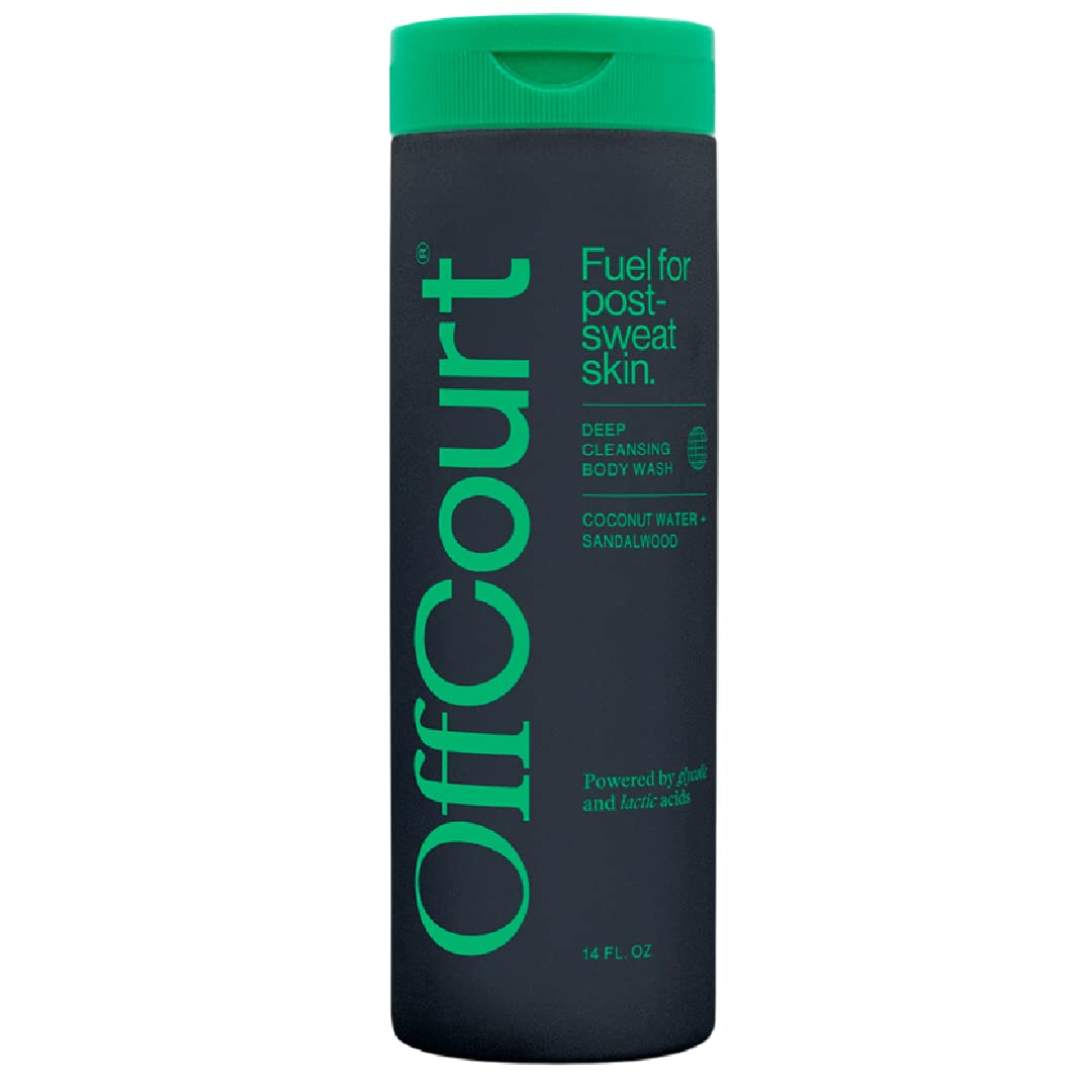 OffCourt Sulfate-Free Body Wash for Men & Women - Non-Drying Exfoliator with Glycolic & Lactic Acids Leaves Skin Fresh & Smooth with Coconut Water and Sandalwood Scent, 14 Fl. Oz (Pack of 1)
