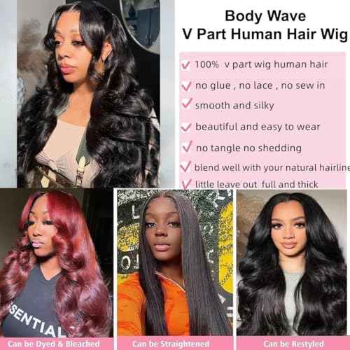 V Part Wig Human Hair Body Wave Upgrade U Part Human Hair Wig Beginner Friendly Clip In V Shape Wigs for Women Natural Black Color 20 Inch