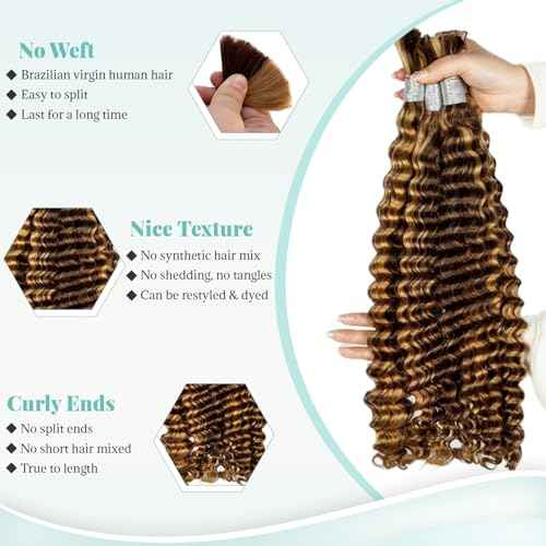 30 Inch Highlight Honey Blonde Human Braiding Hair for Boho Braids Deep Curly Bulk Human Hair for Braiding No Weft 2 Bundles 100G Water Wave Wet And Wavy Micro Braiding Extensions