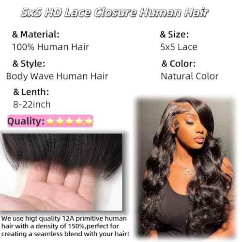 5x5 HD Lace Closure Body Wave Transparent HD Lace Closure Human Hair 12A Brazilian Virgin Human Hair Closure Free Part Pre Plucked with Baby Hair Natural Color 22 Inch