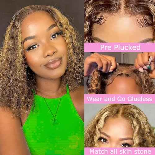 Glueless Bob Wigs Human Hair 5x5 Water Wave Closure Bob Wig Human Hair 4/27 Ombre Highlight Wear and Go Glueless Wig Pre Plucked Pre Cut Wig Human Hair Natural Hairline 180% Density £¨16inch£©