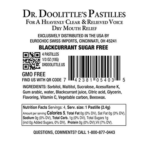 DOOLITTLE Dr Sugar Free Soft Fruit Pastilles for Voice and Throat, Blackcurrant Flavor, Travel Size Bag, Approximately 4 Count Package, 20 Pack