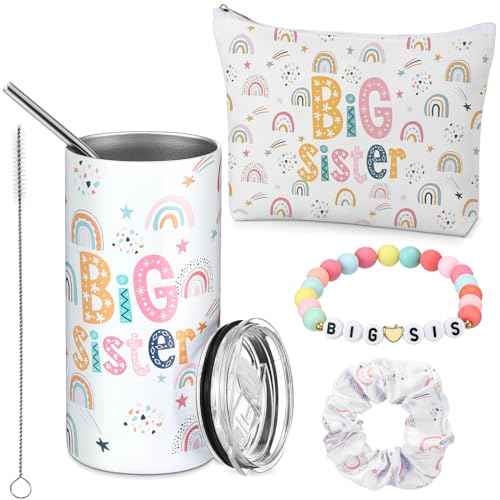 Sieral 4 Pcs Big Sister Gifts for Girls Cute Big Sister Makeup Bag 14oz Stainless Steel Tumbler Scrunchies Bracelet for Little Girls of Age 2-8 New Baby Birthday Baby Shower (Rainbow, Multicolor)