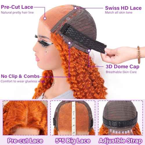 UCUVIC Wear And Go Glueless Wigs Human Hair Pre Plucked Pre Cut Curly 5x5 Deep Wave Bob Wig Human Hair Lace Front Closure Wigs For Black Women 200 Density Curly Wig Glueless Wear And Go Ginger 18 Inch