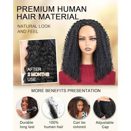 ?Kinky Curly Half Wig Human Hair With Drawstring 200% Density, Seamless 3 In 1 Flip Over Afro Kinky Curly Wig Human Hair Glueless Wear and Go Headband Curly Half Wigs for Black Women 18 Inch