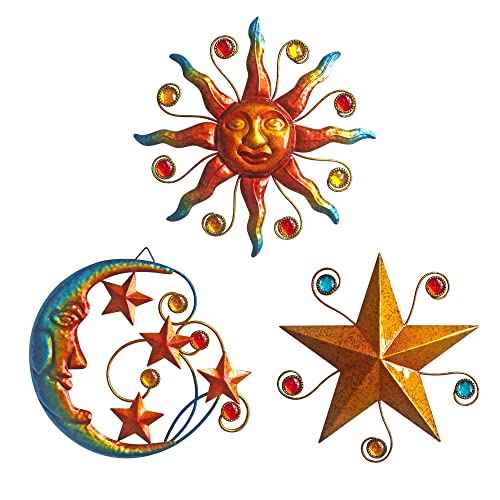 VividLadybug Celestial Wall Decoration Sculpture, Metal Wall Sculpture, Silhouette Wall Decoration, Metal Sun Moon Star Wall Art Sculpture Decoration, Set of 3