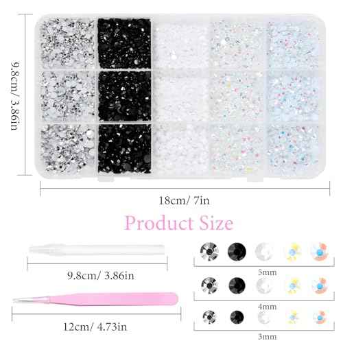 12000 Pcs Resin Jelly Rhinestones for Crafting, Multi Sizes Flatback White Black Gems, Resin Rhinestones Bedazzling Crystal with Pickup Tool for DIY Crafts Clothing Shoes Fabric Nail Art