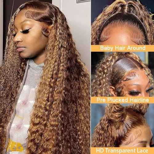 Highlight Ombre Lace Front Wig Human Hair 4/27 Honey Blonde Deep Wave Lace Front Wigs Human Hair 200% Density 13x6 HD Lace Front Wigs for Women Glueless Wigs Pre Plucked 26 inch