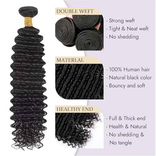 Deep Wave Human Hair Bundles, 13A Curly Bundles Human Hair, Wet and Wavy 100% Brazilian Virgin Quick Weave Deep Wave Bundle for Women, 300G (Bundles Natural Black, 14 16 18 Inches)