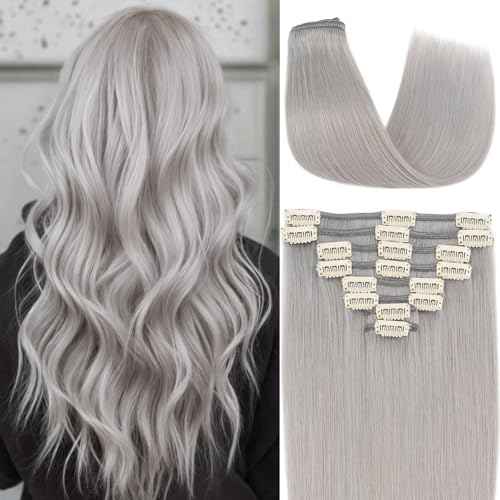 Clip in Hair Extensions Human Hair S-noilite Gray Human Hair Short Hair Clip in Extensions Full Head 8 Pieces/18 Clips 100% Real Human Hair Silky Straight 16"-90g Light Gray (#G1)