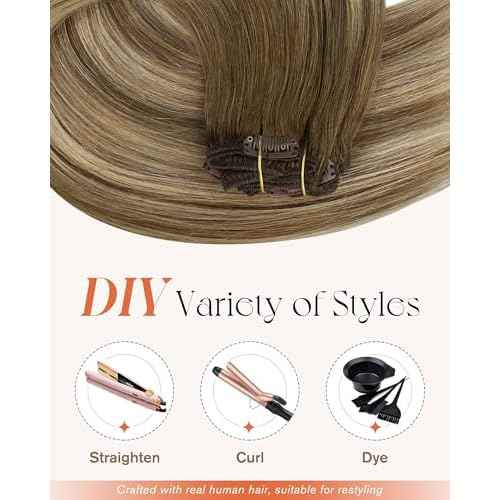 Sunny Hair Clip in Hair Extensions Straight Human Hair Clip in Extensions Remy Clip in Hair Extensions Real Human Hair Extensions Clip ins Chestnut Brown Balayage Platinum Blonde Ombre 16 inch