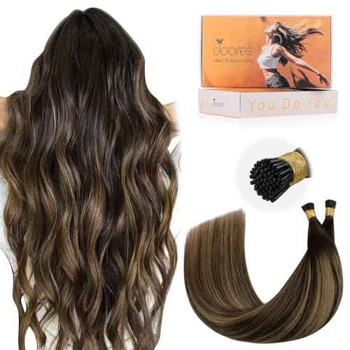 DOORES Itip Human Hair Extensions,16 Inch 100g 200s Itip Human Hair Extensions,Balayage Dark Brown to Chestnut Brown I Tip Hair Extensions,Cold Fusion Itip Remy Hair Extensions