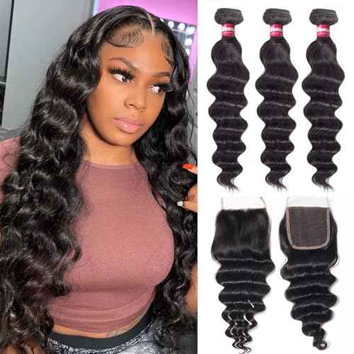 10A Loose Deep Wave Bundles with Closure Human Hair (12 14 16+12), 100% Unprocessed Raw Human Hair Weave with Closure, Brazilian Virgin Loose Curly Bundle Deals Natural Black Color