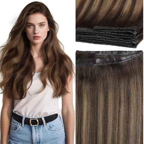 Lacer Double Butterfly Weft Invisible Pu OVO Human Hair Extensions 16in Seamless Micro Beads Hair Extensions Glueless Chestnut Brown Mixed Dark Brown With Dark Brown Roots 100G Tape Width 31.5"