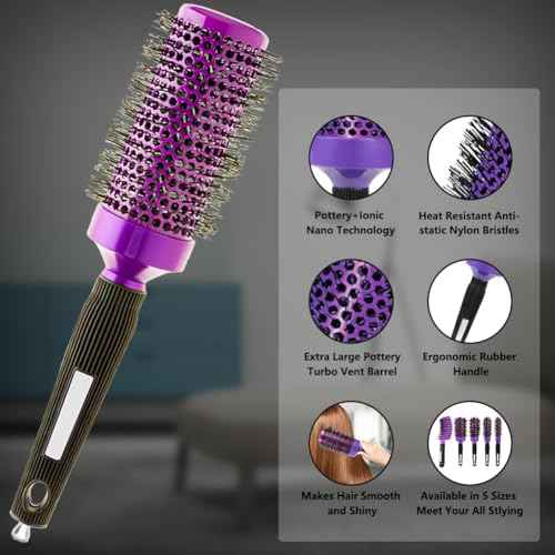 Aozzy 5pcs Blow-Drying Round Hair Brush Set - Ceramic, Boar Bristle Brush for Women - Thermal Barrel Brush Set, Styling & Roller Brush for Shiny, Smooth and Bouncy Hair