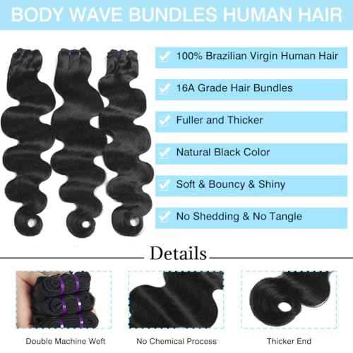 Beautymoon Brazilian Body Wave Human Hair Bundles 16 18 20 Inch 100% Unprocessed Full And Thick Body Wave Bundles Human Hair 16A Grade Raw Virgin Hair Extensions for Women