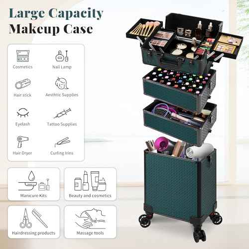 AROUS Rolling Makeup Train Case 4 in 1 Cosmetology Case on Wheels Large Storage Cosmetic Trolley with Key Salon Barber Case Traveling Cart Trunk, Green