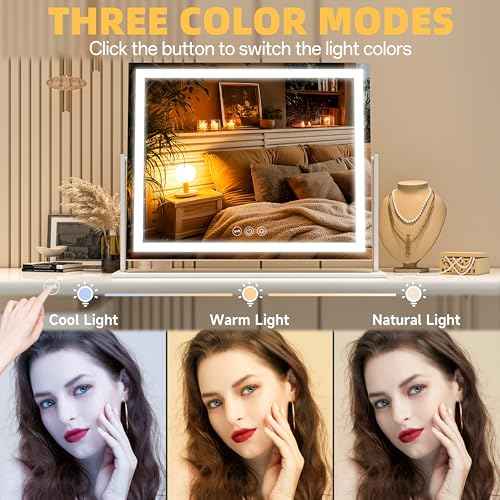 Vanity Mirror with Lights, 24'' x 20'' Lighted Makeup Mirror, Touch Screen with 3-Color Lighting, Dimmable for Vanity Desk Tabletop Square White