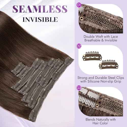 Clip in Extensions Real Human Hair Dark Brown Remy Lace Weft 16 Inch 7PCS 120g for Women