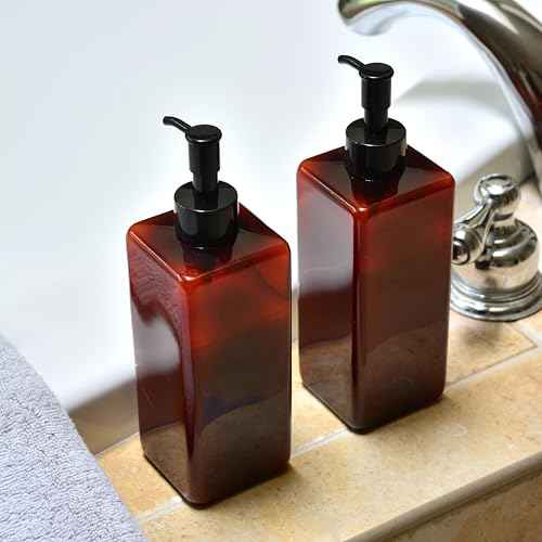 Youngever 5 Pack 16 Ounce Plastic Pump Bottles, Refillable Square Plastic Pump Bottles for Dispensing Lotions, Shampoos and More (Amber)