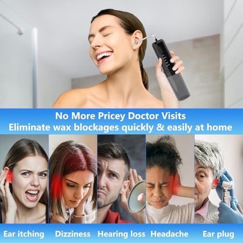Ear Wax Removal, Ear Cleaning Kit, Electric Ear Cleaning with 4 Pressure Modes, 6 Reusable Replacement Tips, Black
